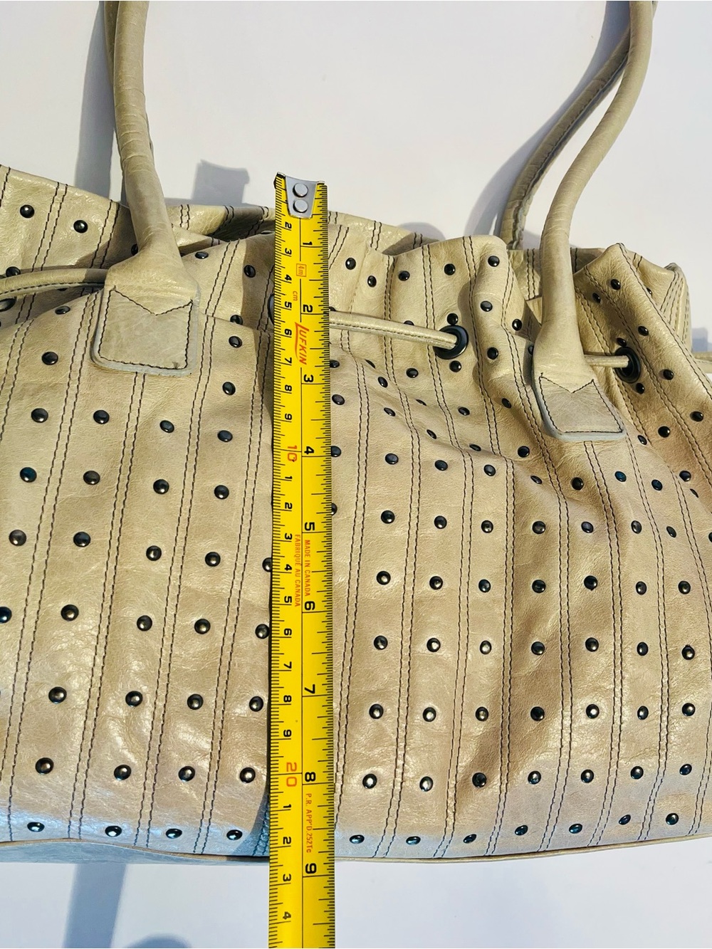 Berge Genuine Leather Studded Drawstring Shoulder Bag Beige Cream Made In Italy - Picture 7 of 10